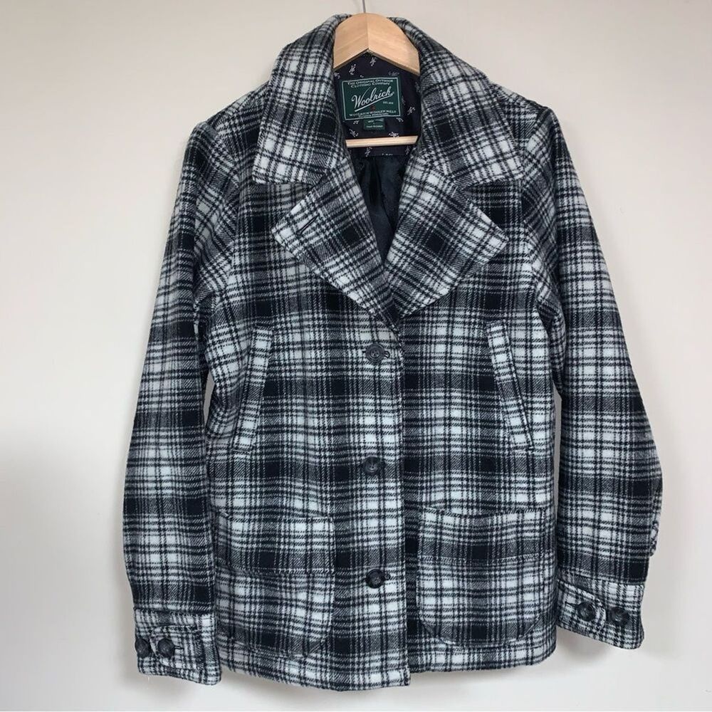 Woolrich Plaid Wool Pea Coat women’s Large Winter Jacket White Black Tartan Prep